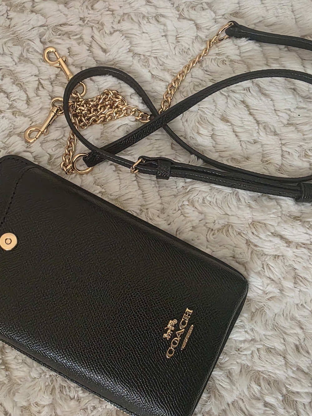 NWOT COACH Black Leather Crossbody with Gold Chain Accents